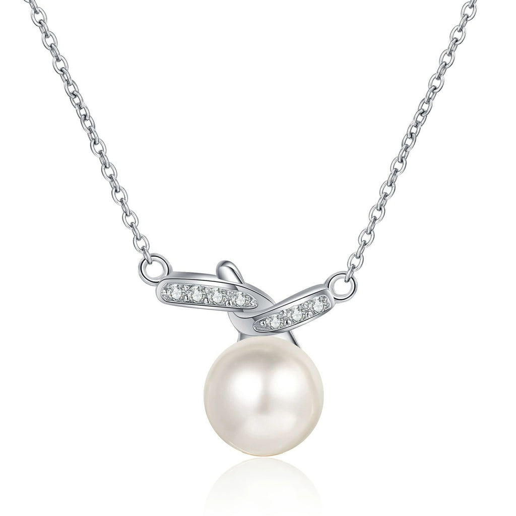 Bar Moissanite Pearl Pendant Necklace in Rhodium-Plated S925 sterling silver white background product photo showing slim bar pearl pendant with small round moissanite accents