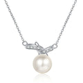 Bar Moissanite Pearl Pendant Necklace in Rhodium-Plated S925 sterling silver white background product photo showing slim bar pearl pendant with small round moissanite accents