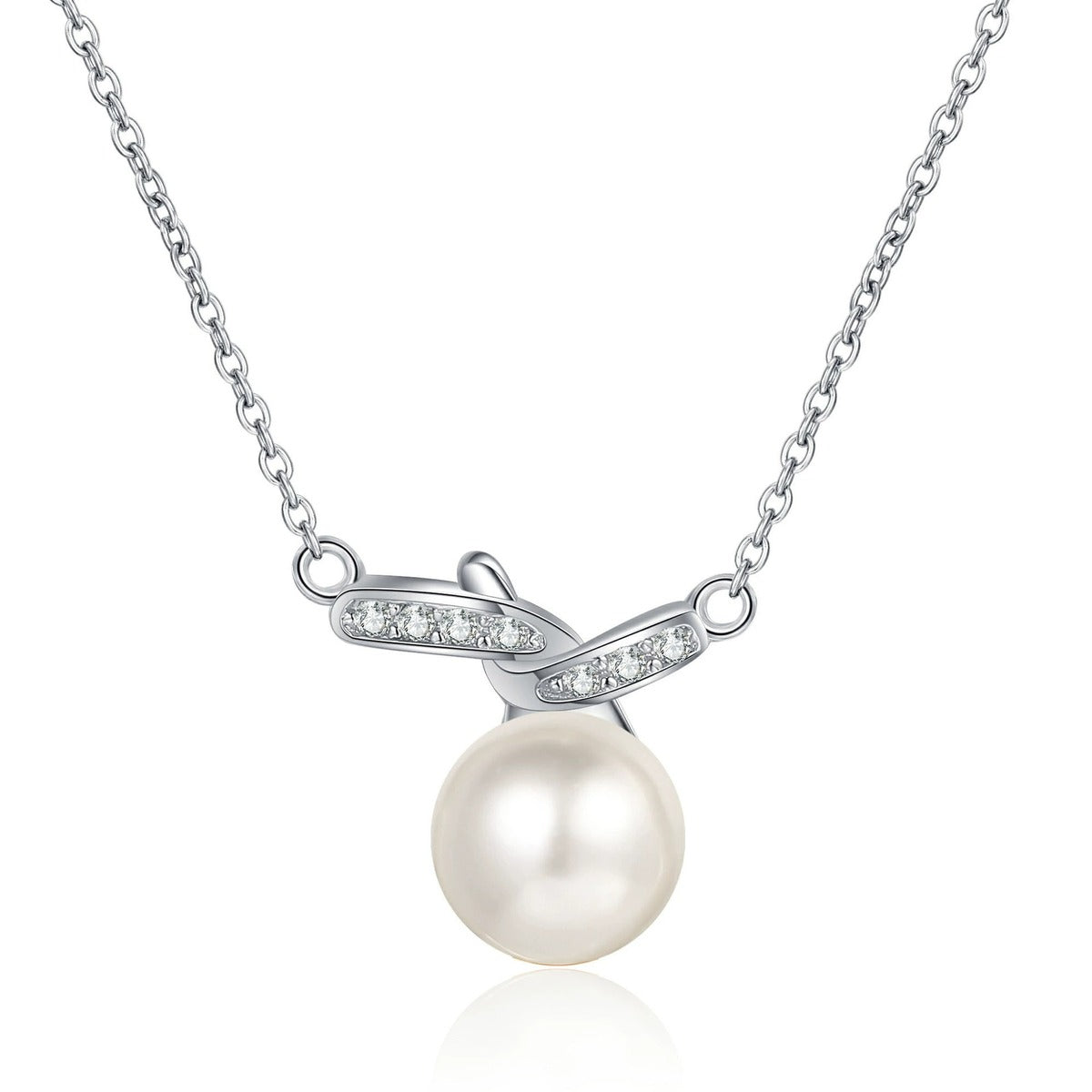 Bar Moissanite Pearl Pendant Necklace in Rhodium-Plated S925 sterling silver white background product photo showing slim bar pearl pendant with small round moissanite accents