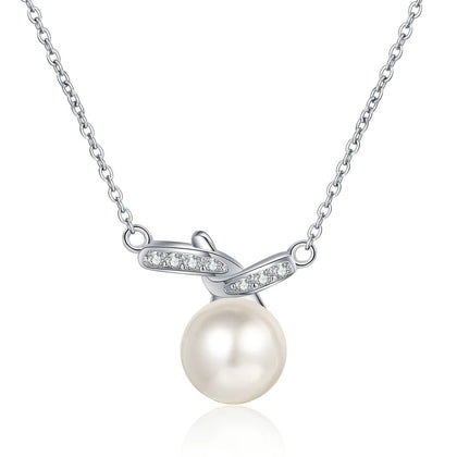 Bar Moissanite Pearl Pendant Necklace in Rhodium-Plated S925 sterling silver white background product photo showing slim bar pearl pendant with small round moissanite accents