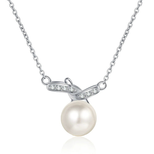 Bar Moissanite Pearl Pendant Necklace in Rhodium-Plated S925 sterling silver white background product photo showing slim bar pearl pendant with small round moissanite accents