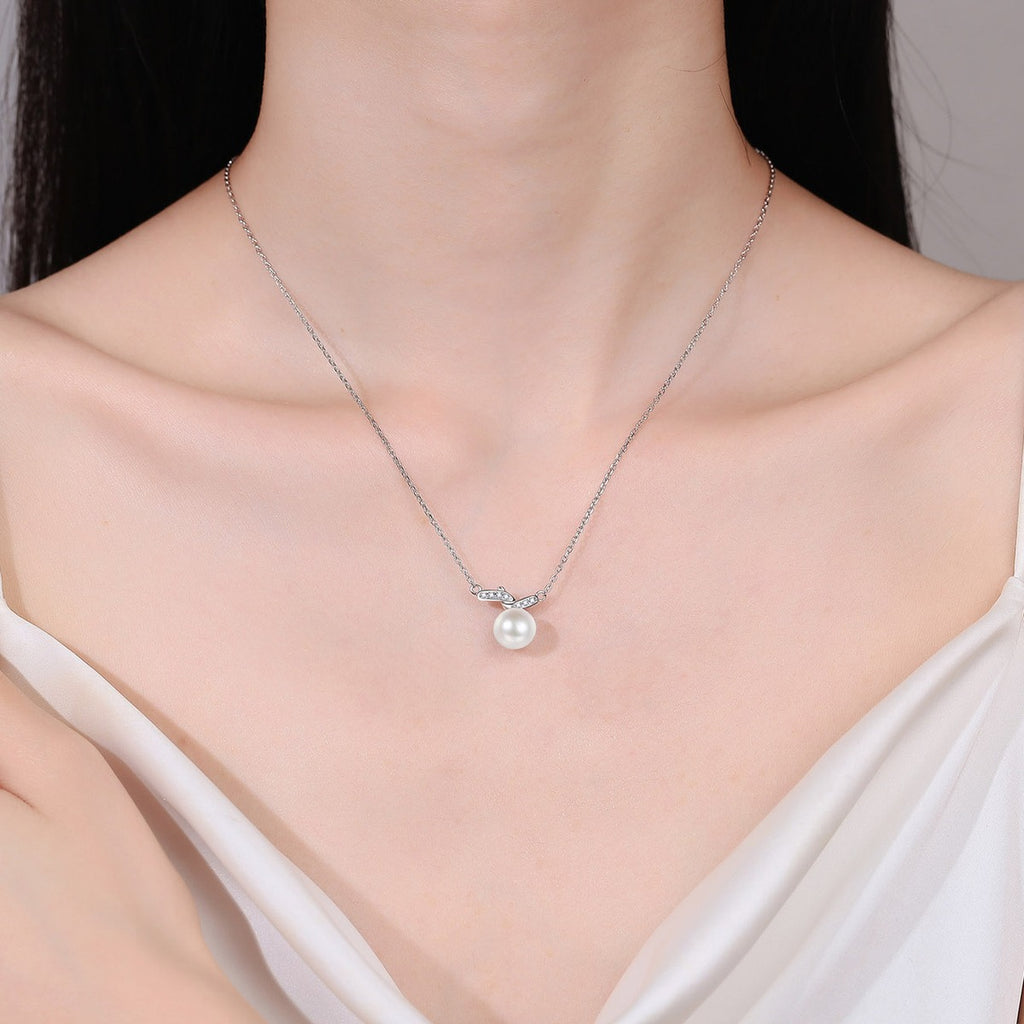 Bar Moissanite Pearl Pendant Necklace in Rhodium-Plated S925 sterling silver neckline model view showing pendant scale and adjustable chain