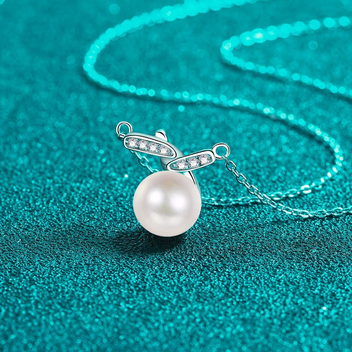 Bar Moissanite Pearl Pendant Necklace in Rhodium-Plated S925 sterling silver blue display scene showing chain and stone layout