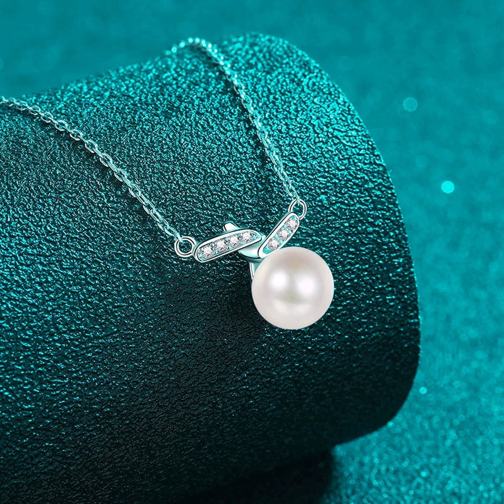 Bar Moissanite Pearl Pendant Necklace in Rhodium-Plated S925 sterling silver angled product detail view