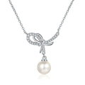 Bow Moissanite Pearl Pendant Necklace in Rhodium-Plated S925 sterling silver white background product photo showing open bow pearl pendant with small round moissanite accents
