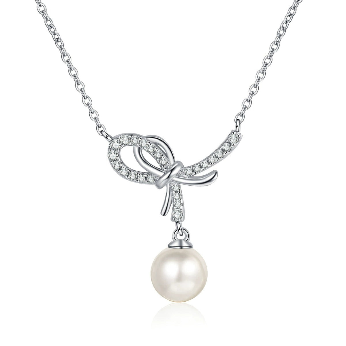 Bow Moissanite Pearl Pendant Necklace in Rhodium-Plated S925 sterling silver white background product photo showing open bow pearl pendant with small round moissanite accents
