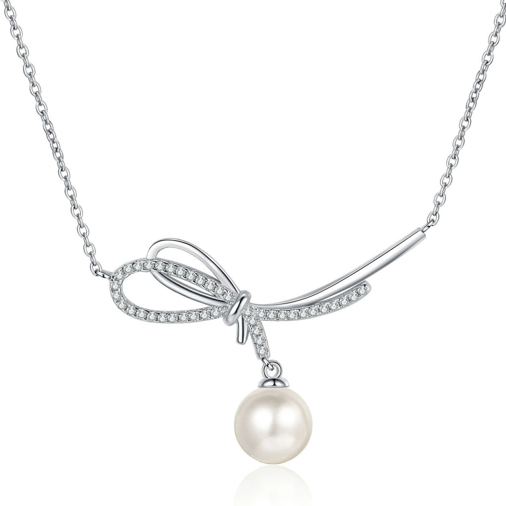 Ribbon Moissanite Pearl Necklace in Rhodium-Plated S925 sterling silver white background product photo showing ribbon-shaped pearl pendant with small round moissanite accents