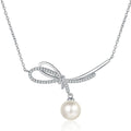 Ribbon Moissanite Pearl Necklace in Rhodium-Plated S925 sterling silver white background product photo showing ribbon-shaped pearl pendant with small round moissanite accents
