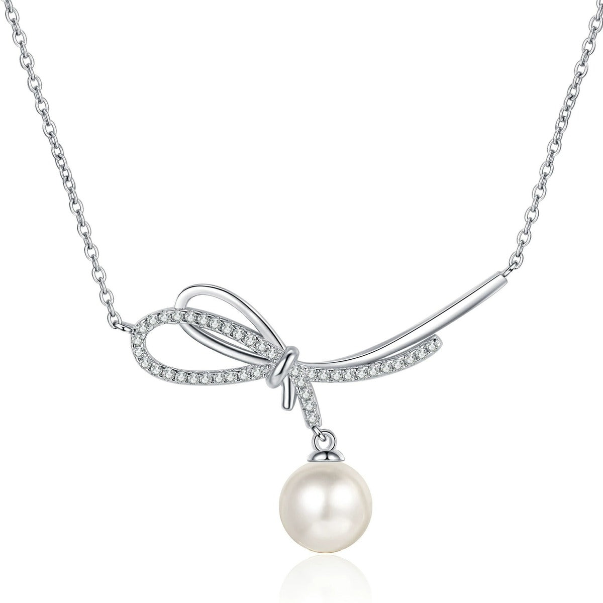 Ribbon Moissanite Pearl Necklace in Rhodium-Plated S925 sterling silver white background product photo showing ribbon-shaped pearl pendant with small round moissanite accents