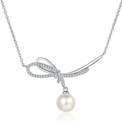 Ribbon Moissanite Pearl Necklace in Rhodium-Plated S925 sterling silver white background product photo showing ribbon-shaped pearl pendant with small round moissanite accents