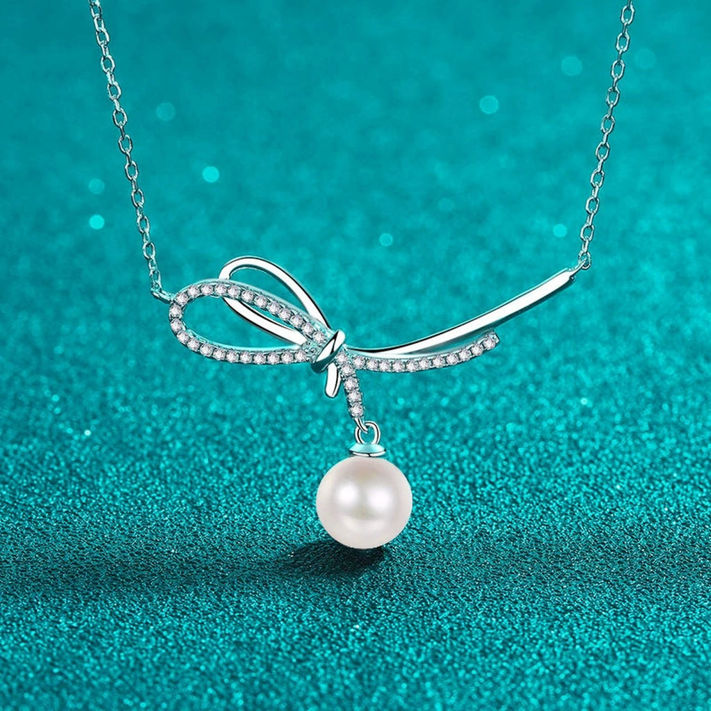 Ribbon Moissanite Pearl Necklace in Rhodium-Plated S925 sterling silver close-up product scene showing pendant setting