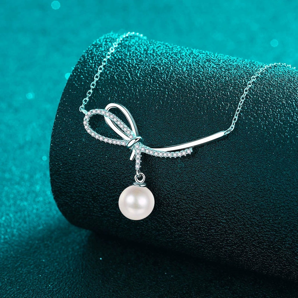 Ribbon Moissanite Pearl Necklace in Rhodium-Plated S925 sterling silver angled product detail view