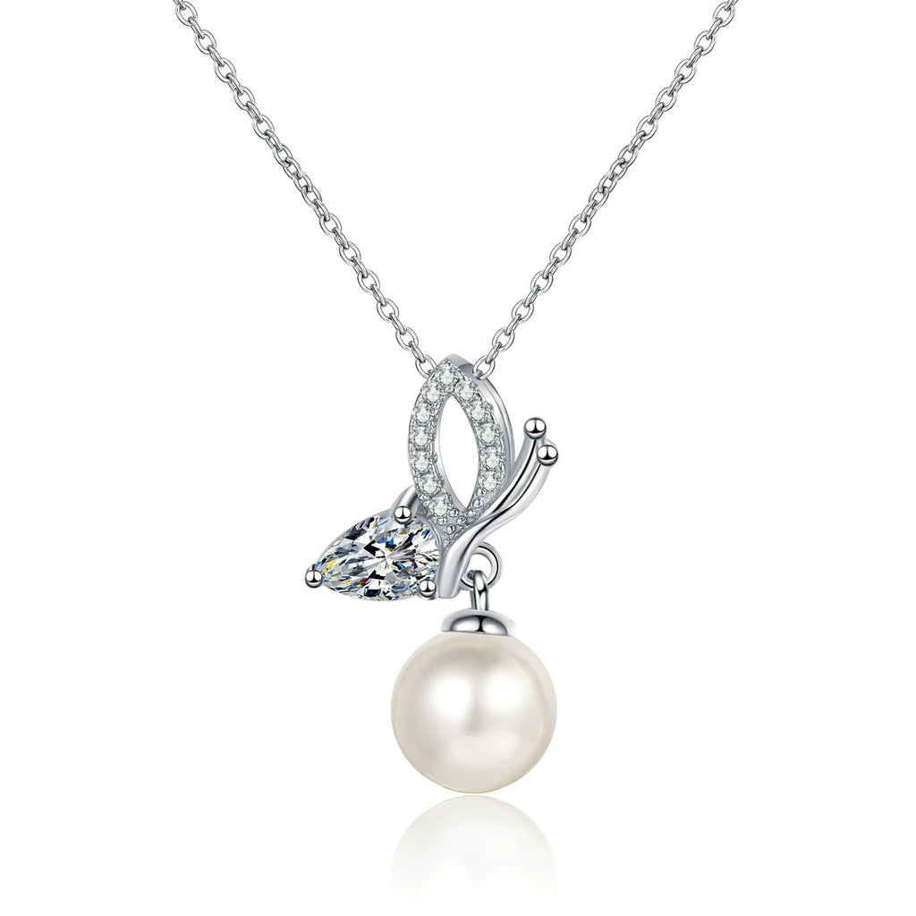 Butterfly Moissanite Pearl Necklace in Rhodium-Plated S925 sterling silver white background product photo showing butterfly-inspired pearl pendant with pear and round moissanite accents