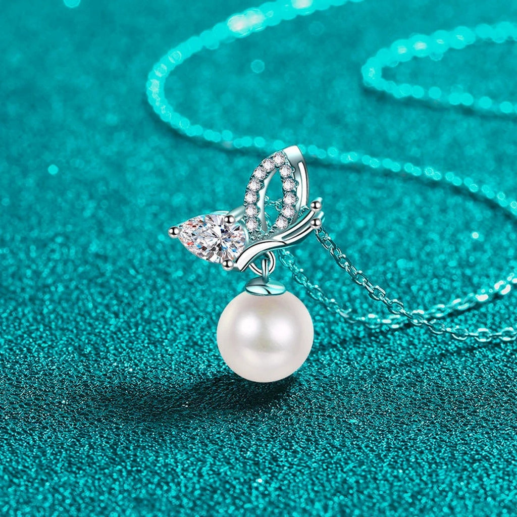 Butterfly Moissanite Pearl Necklace in Rhodium-Plated S925 sterling silver blue display scene showing chain and stone layout