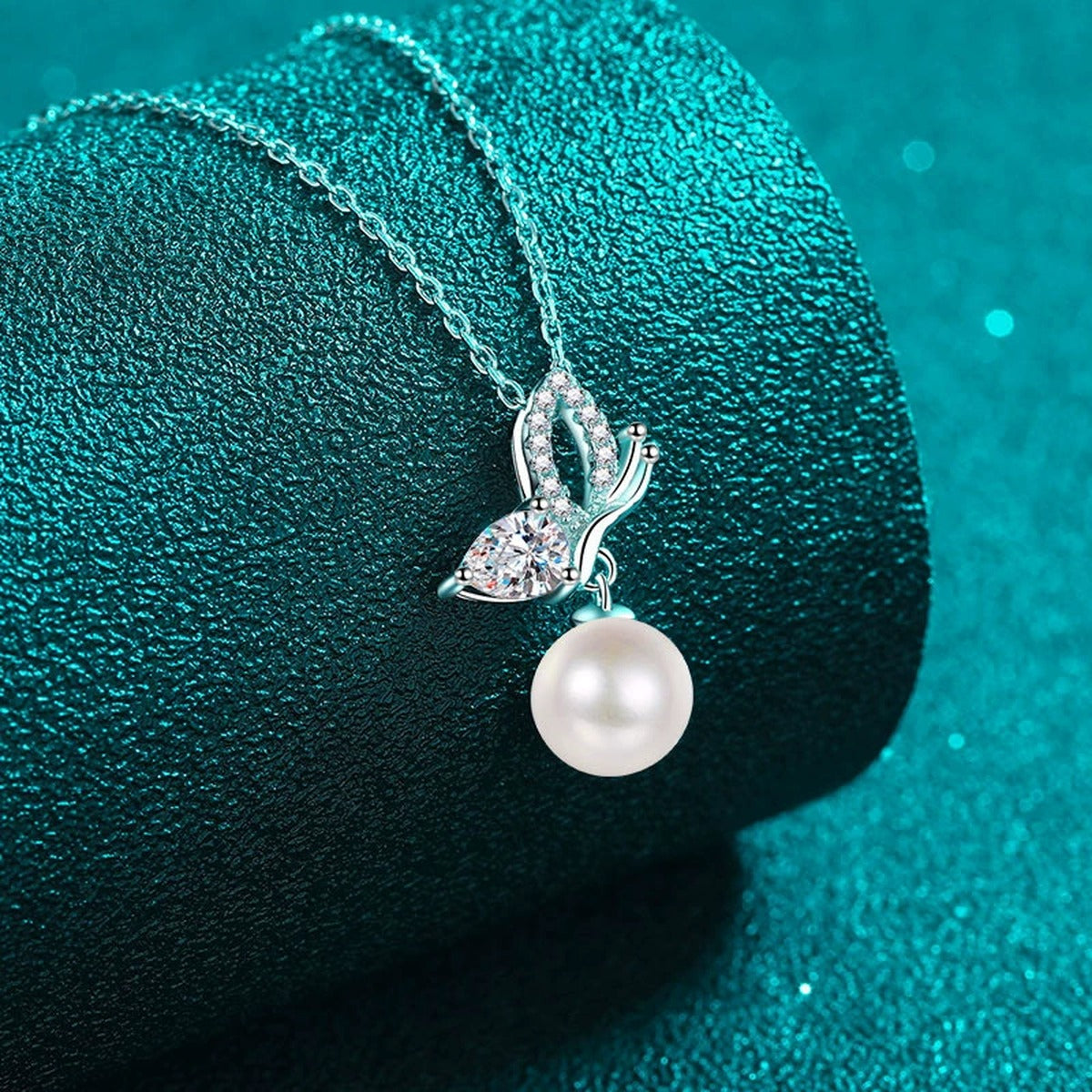 Butterfly Moissanite Pearl Necklace in Rhodium-Plated S925 sterling silver angled product detail view