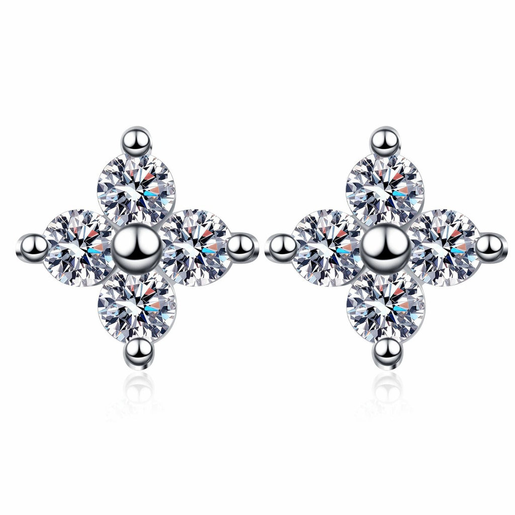 Starburst Moissanite Stud Earrings in Rhodium-Plated S925 sterling silver white background product photo showing the pair, stone shape, and stud earrings silhouette