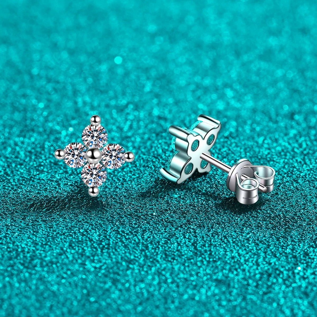 Starburst Moissanite Stud Earrings in Rhodium-Plated S925 sterling silver product scene view showing front sparkle