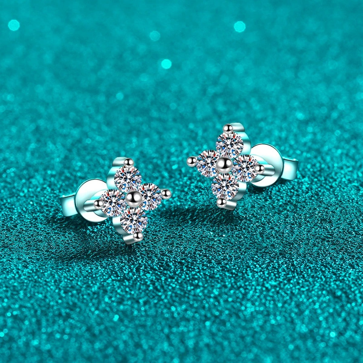 Starburst Moissanite Stud Earrings in Rhodium-Plated S925 sterling silver product scene view showing side profile