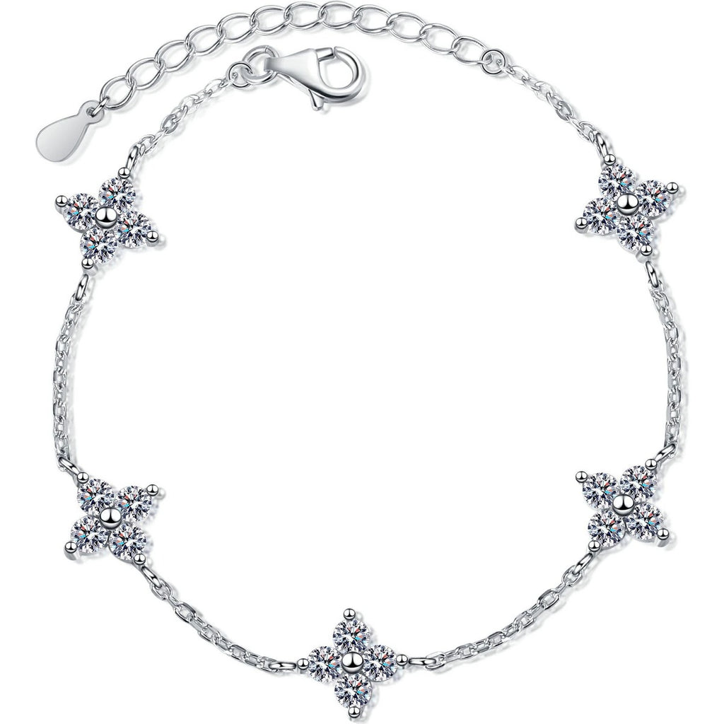 Clover Moissanite Adjustable Bracelet in Rhodium-Plated S925 sterling silver white background product photo showing bracelet shape and moissanite setting