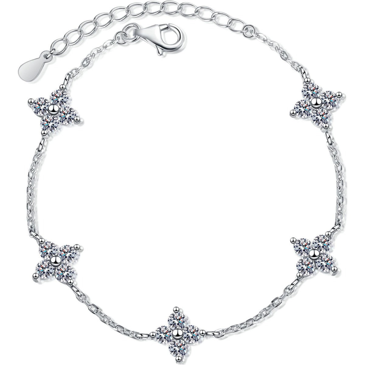 Clover Moissanite Adjustable Bracelet in Rhodium-Plated S925 sterling silver white background product photo showing bracelet shape and moissanite setting