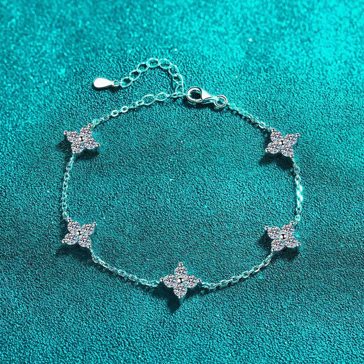 Clover Moissanite Adjustable Bracelet in Rhodium-Plated S925 sterling silver styled product scene showing stone sparkle and chain detail