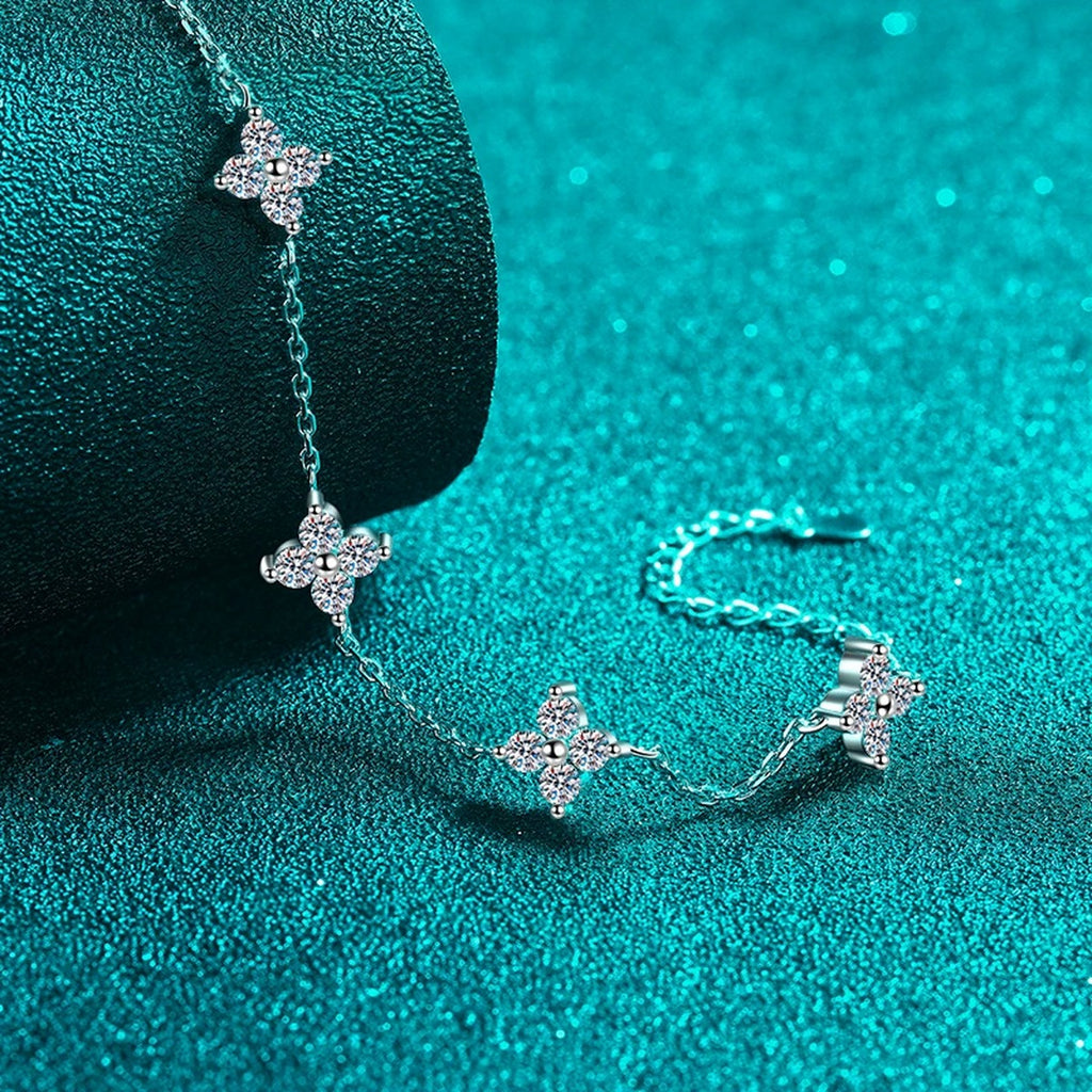 Clover Moissanite Adjustable Bracelet in Rhodium-Plated S925 sterling silver close-up bracelet detail view showing clasp and motif