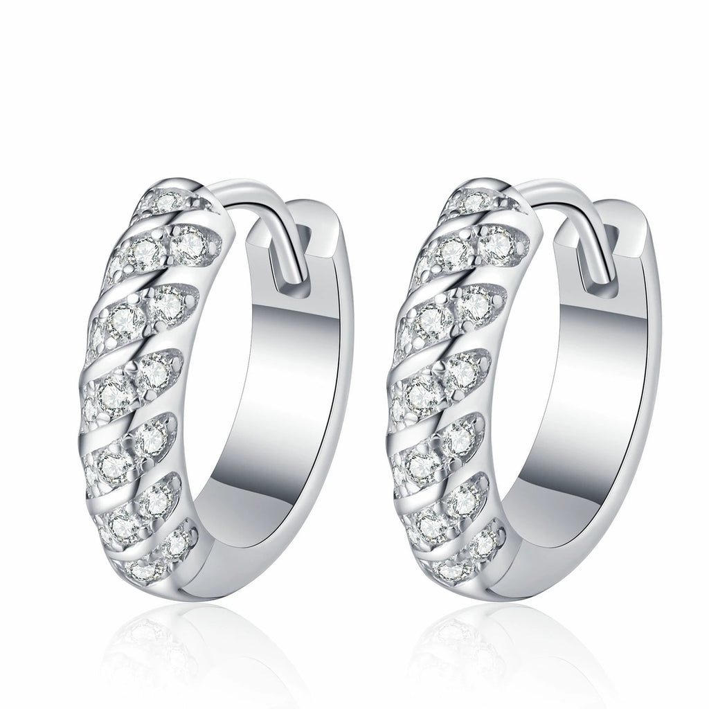 Pave Moissanite Hoop Earrings in Rhodium-Plated S925 sterling silver white background product photo showing the pair, stone shape, and hoop earrings silhouette
