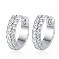 Pave Moissanite Hoop Earrings in Rhodium-Plated S925 sterling silver white background product photo showing the pair, stone shape, and hoop earrings silhouette