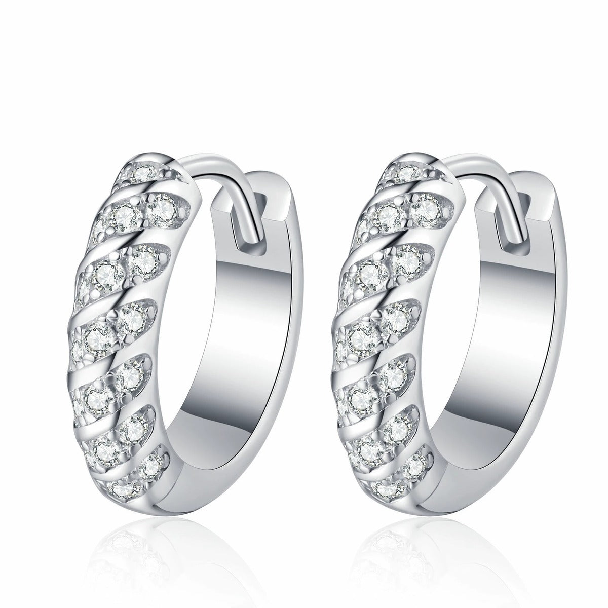 Pave Moissanite Hoop Earrings in Rhodium-Plated S925 sterling silver white background product photo showing the pair, stone shape, and hoop earrings silhouette