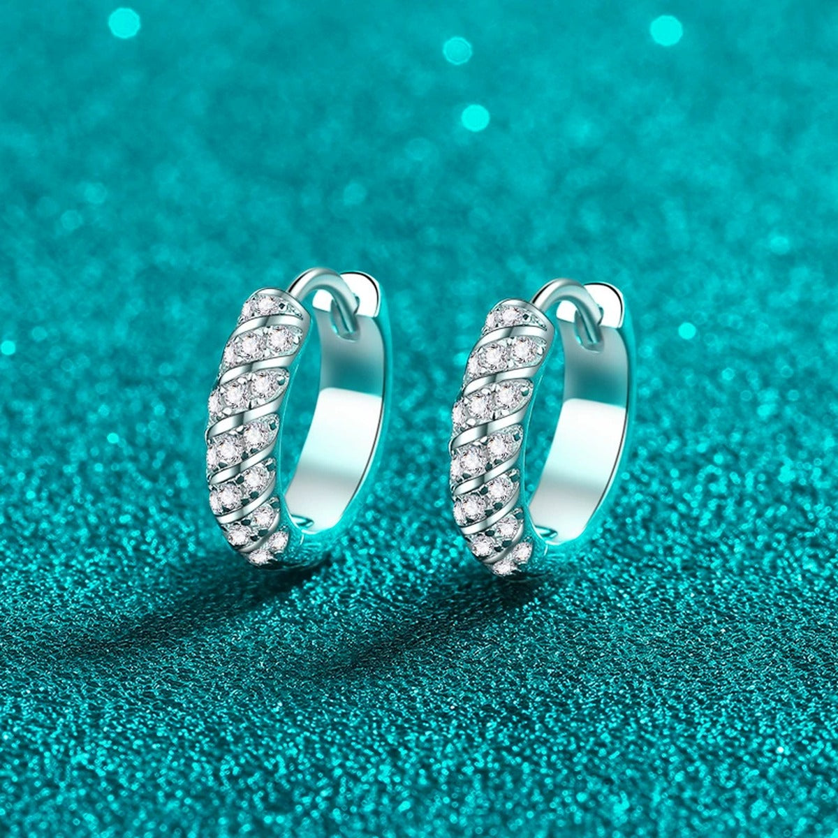 Pave Moissanite Hoop Earrings in Rhodium-Plated S925 sterling silver product scene view showing front sparkle