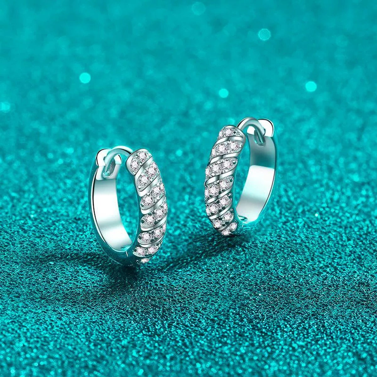 Pave Moissanite Hoop Earrings in Rhodium-Plated S925 sterling silver product scene view showing angled setting detail