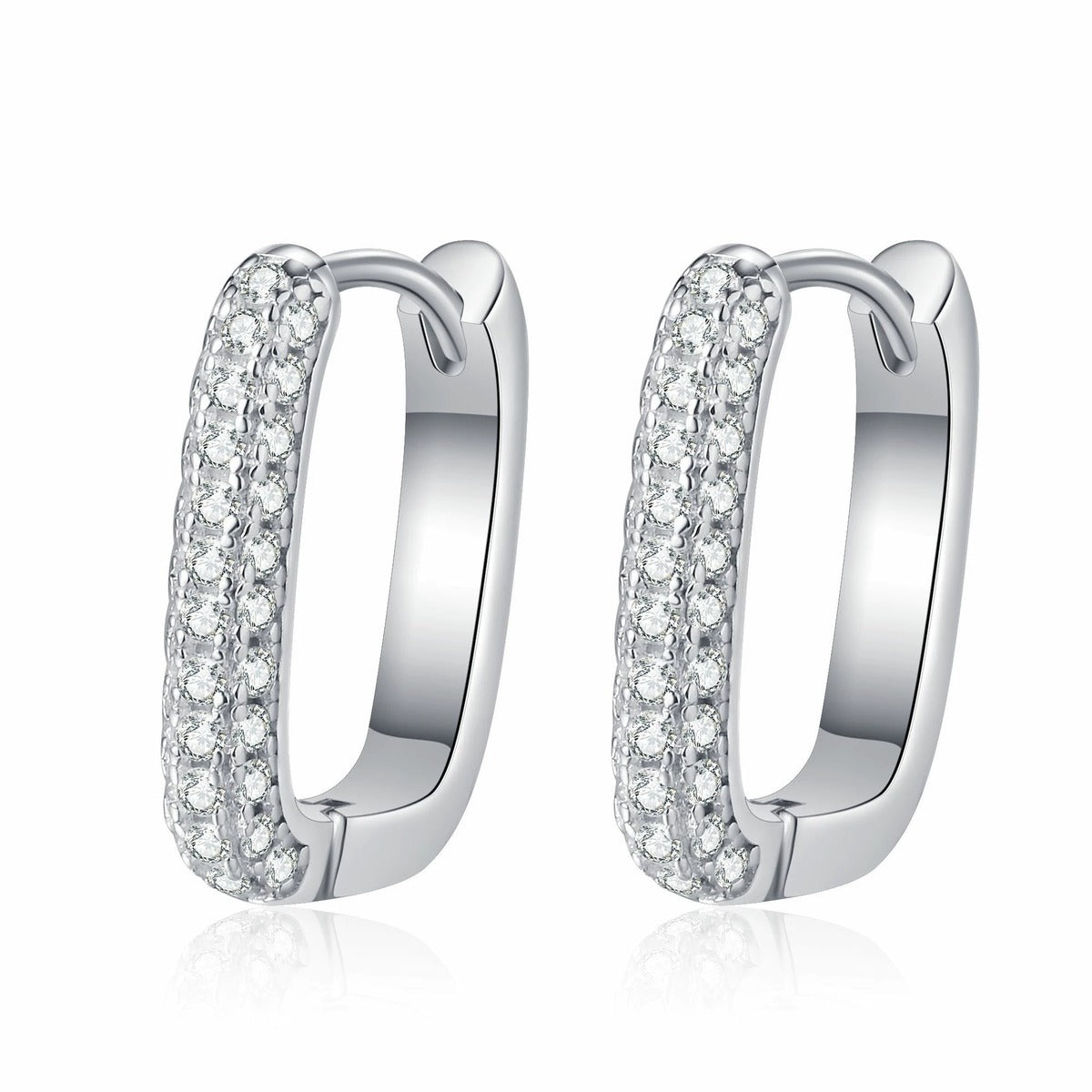 Slim Pave Moissanite Hoop Earrings in Rhodium-Plated S925 sterling silver white background product photo showing the pair, stone shape, and hoop earrings silhouette