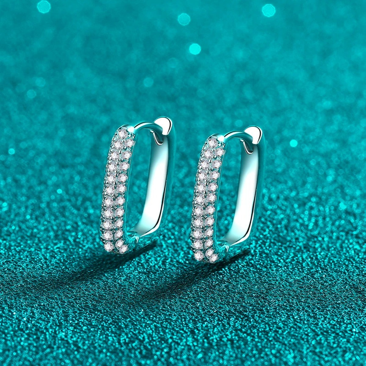 Slim Pave Moissanite Hoop Earrings in Rhodium-Plated S925 sterling silver product scene view showing front sparkle