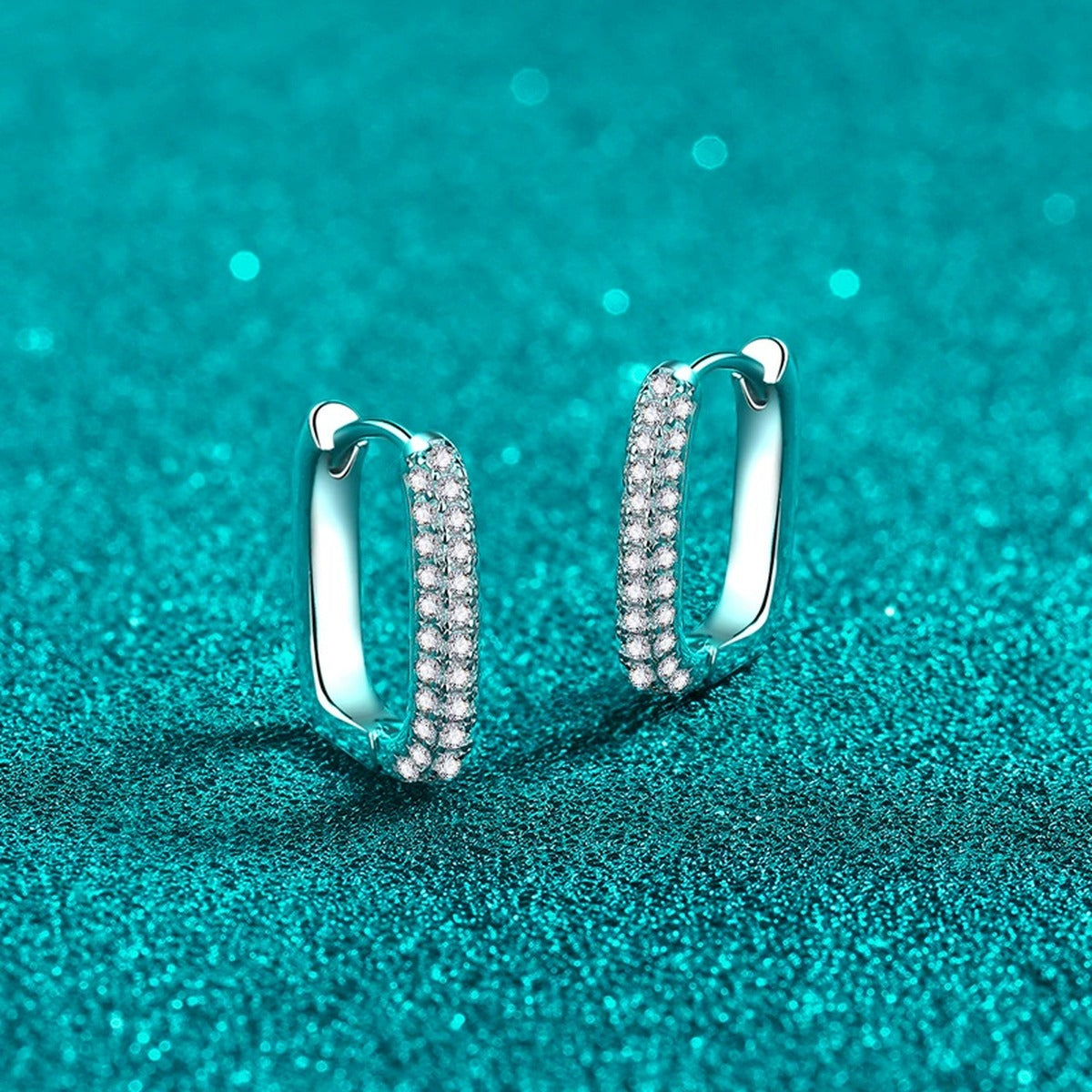 Slim Pave Moissanite Hoop Earrings in Rhodium-Plated S925 sterling silver product scene view showing angled setting detail