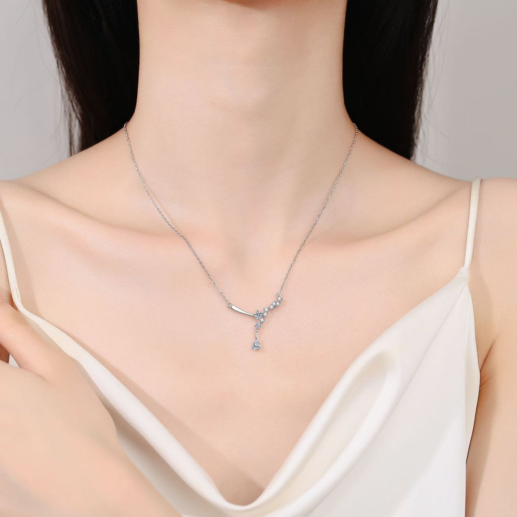 Branch Moissanite Necklace in Rhodium-Plated S925 sterling silver neckline model view showing pendant scale and chain length