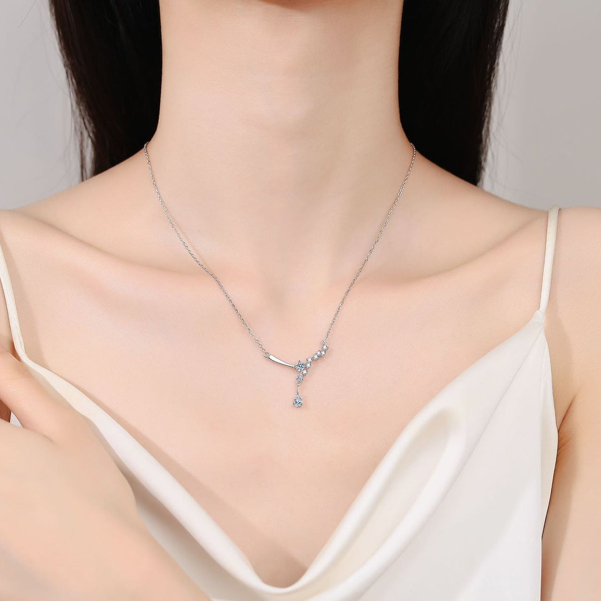 Branch Moissanite Necklace in Rhodium-Plated S925 sterling silver neckline model view showing pendant scale and chain length