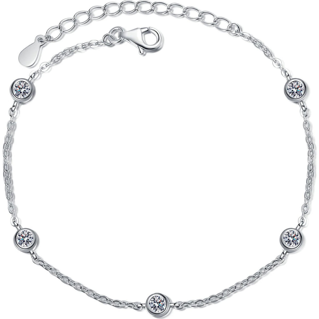 Beaded Moissanite Charm Bracelet in Rhodium-Plated S925 sterling silver white background product photo showing bracelet shape and moissanite setting