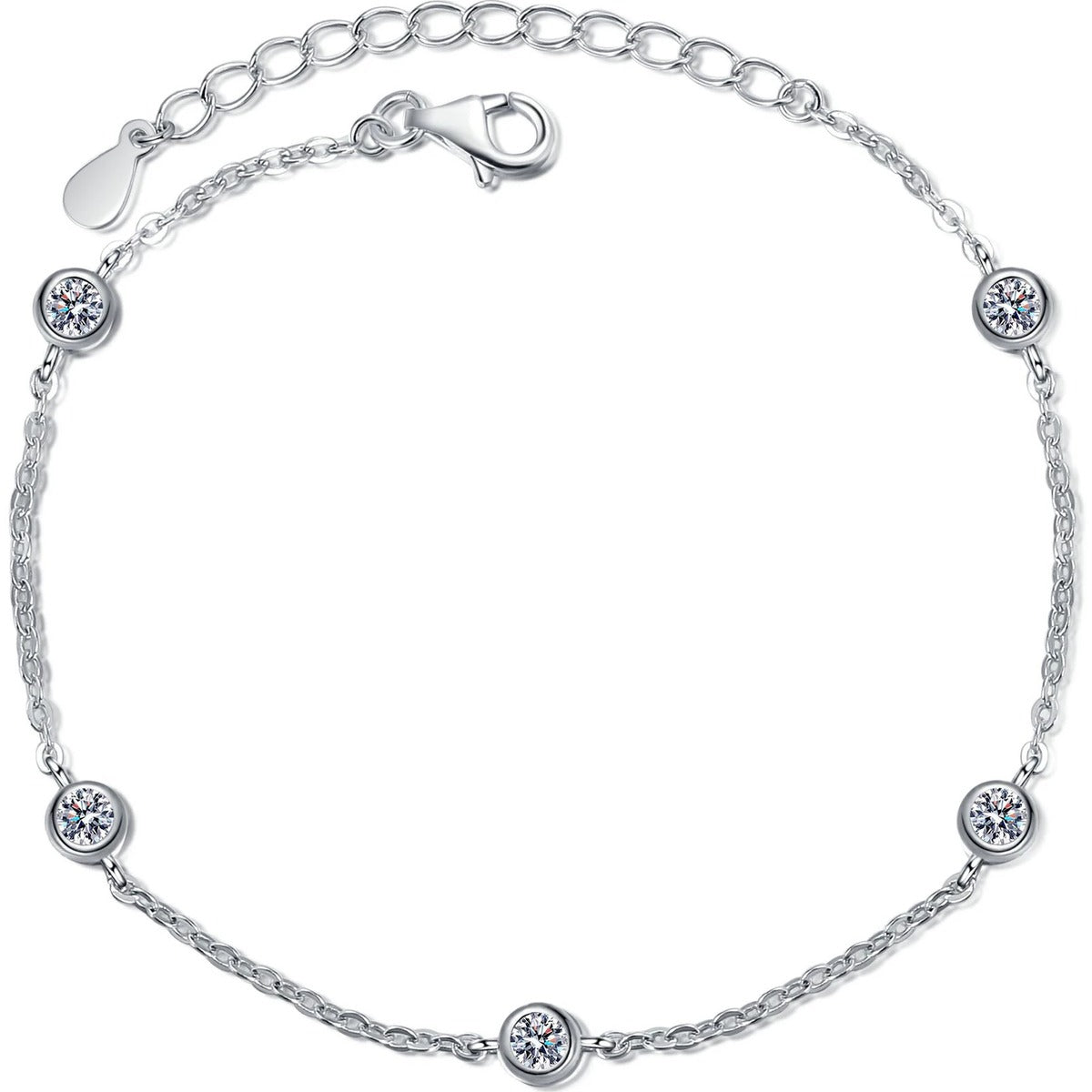 Beaded Moissanite Charm Bracelet in Rhodium-Plated S925 sterling silver white background product photo showing bracelet shape and moissanite setting