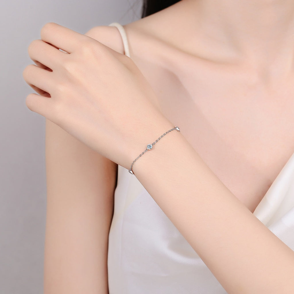 Beaded Moissanite Charm Bracelet in Rhodium-Plated S925 sterling silver worn on wrist model view showing scale and adjustable fit