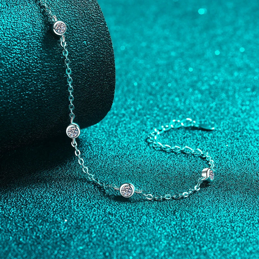 Beaded Moissanite Charm Bracelet in Rhodium-Plated S925 sterling silver styled product scene showing stone sparkle and chain detail
