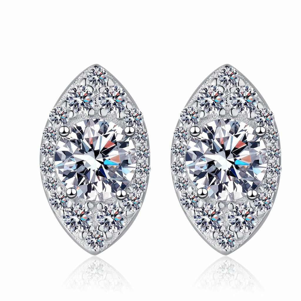 Marquise Halo Round Moissanite Stud Earrings with CZ in Rhodium-Plated S925 sterling silver white background product photo showing the pair, stone shape, and stud earrings silhouette