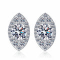 Marquise Halo Round Moissanite Stud Earrings with CZ in Rhodium-Plated S925 sterling silver white background product photo showing the pair, stone shape, and stud earrings silhouette
