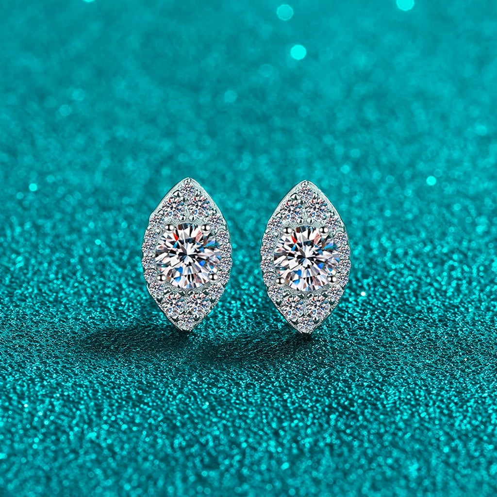 Marquise Halo Round Moissanite Stud Earrings with CZ in Rhodium-Plated S925 sterling silver product scene view showing front sparkle