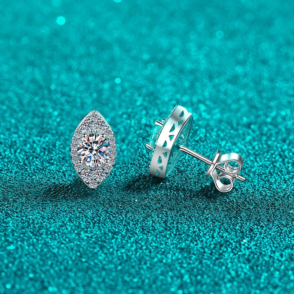 Marquise Halo Round Moissanite Stud Earrings with CZ in Rhodium-Plated S925 sterling silver product scene view showing angled setting detail