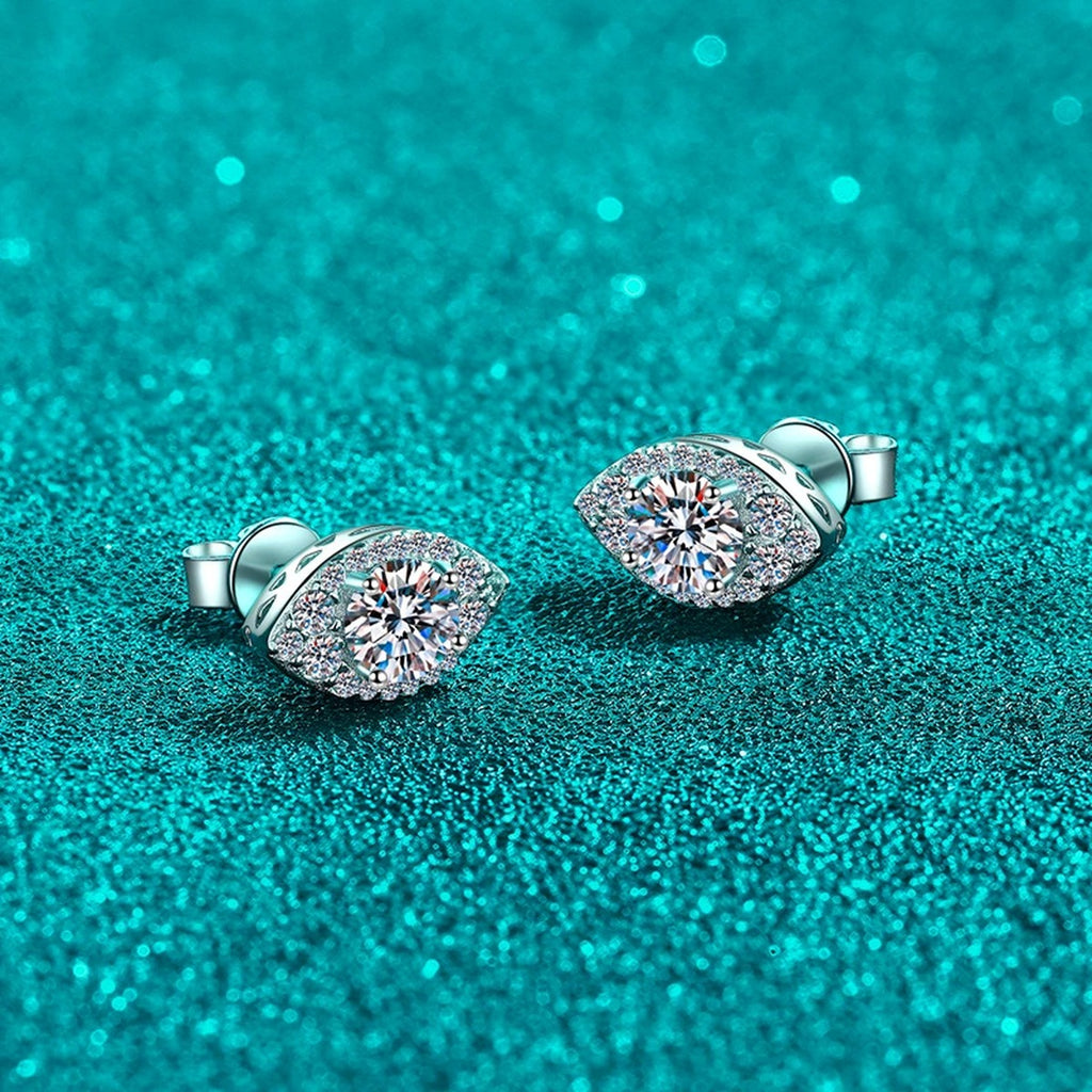 Marquise Halo Round Moissanite Stud Earrings with CZ in Rhodium-Plated S925 sterling silver product scene view showing side profile
