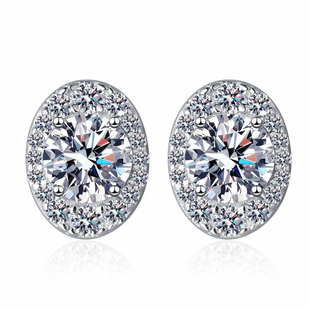 Oval Halo Round Moissanite Stud Earrings with CZ in Rhodium-Plated S925 sterling silver white background product photo showing the pair, stone shape, and stud earrings silhouette