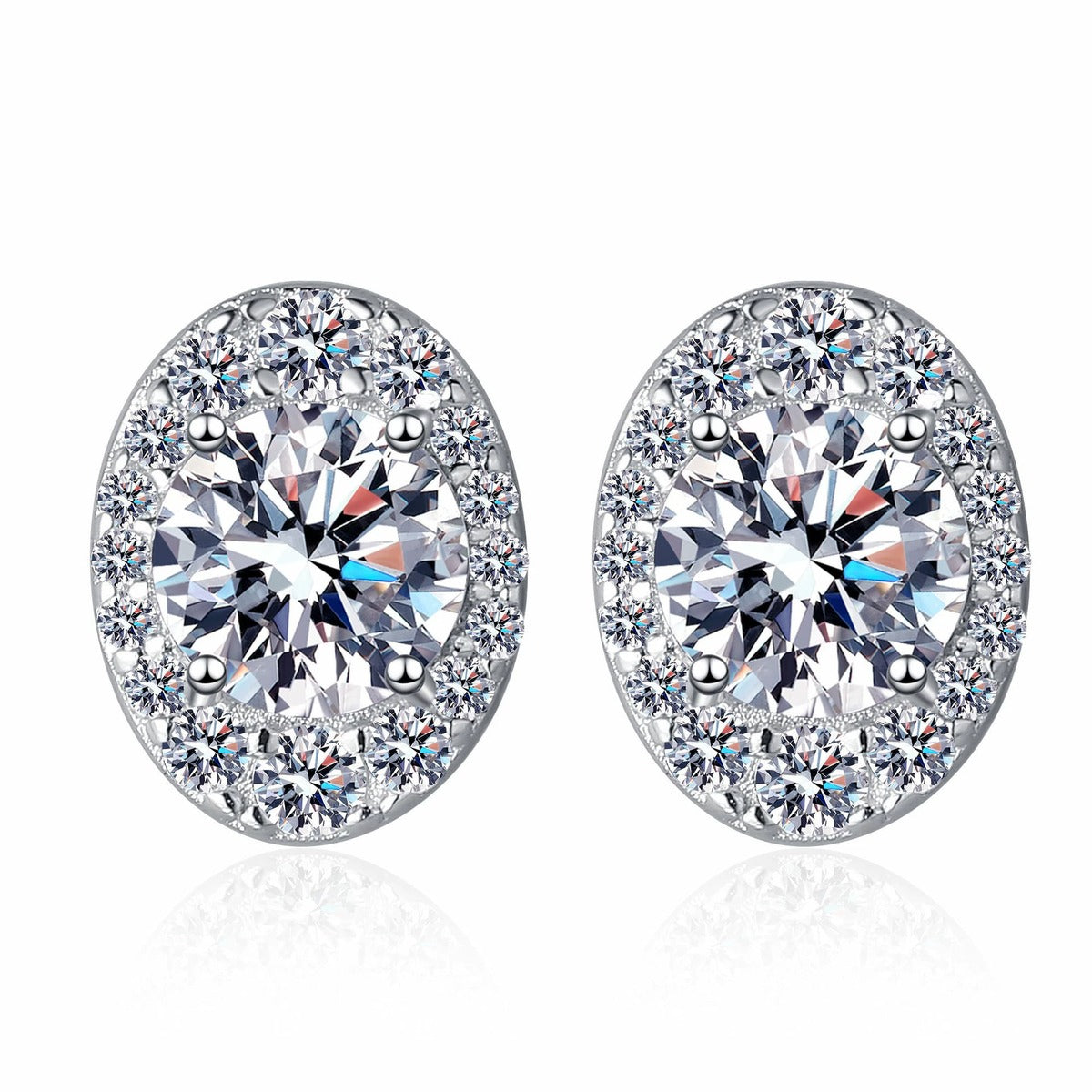 Oval Halo Round Moissanite Stud Earrings with CZ in Rhodium-Plated S925 sterling silver white background product photo showing the pair, stone shape, and stud earrings silhouette
