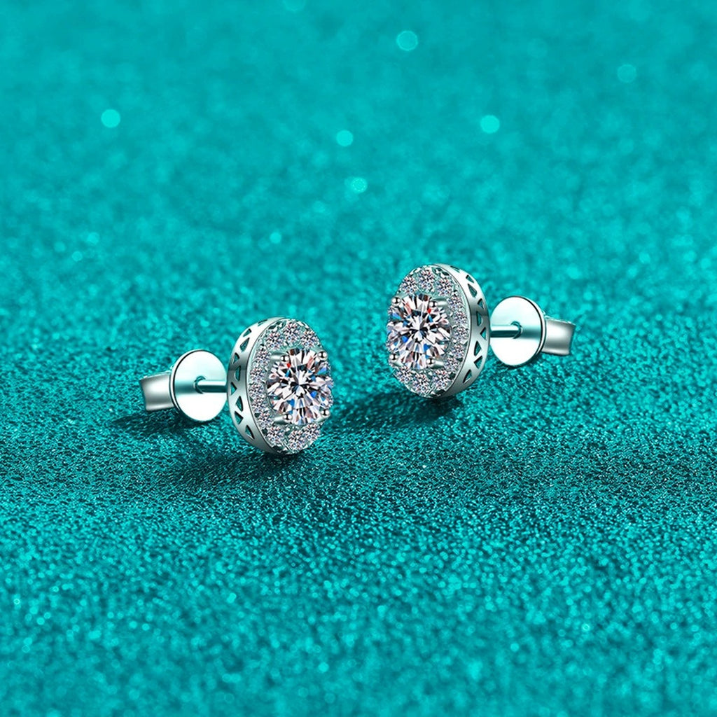 Oval Halo Round Moissanite Stud Earrings with CZ in Rhodium-Plated S925 sterling silver product scene view showing front sparkle