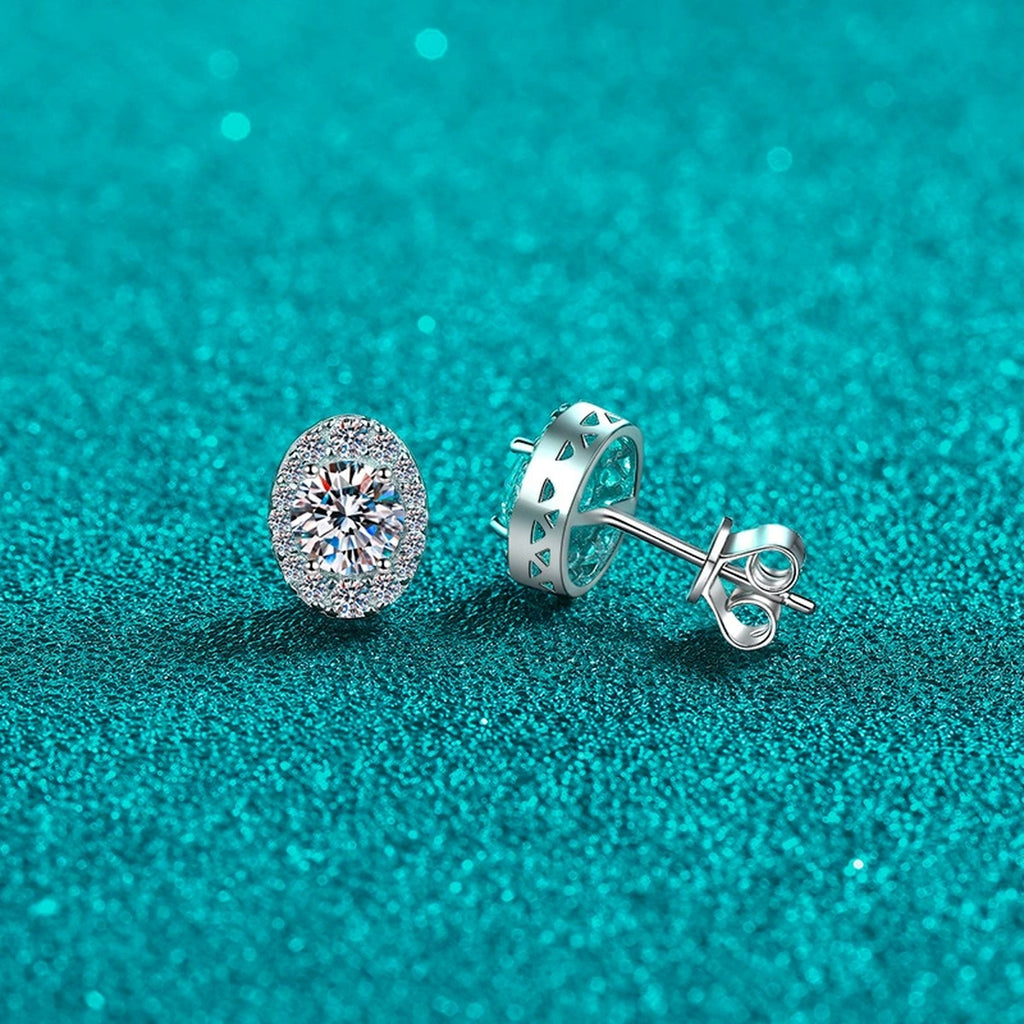 Oval Halo Round Moissanite Stud Earrings with CZ in Rhodium-Plated S925 sterling silver product scene view showing side profile
