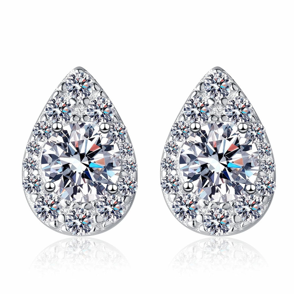 Pear Halo Round Moissanite Stud Earrings with CZ in Rhodium-Plated S925 sterling silver white background product photo showing the pair, stone shape, and stud earrings silhouette